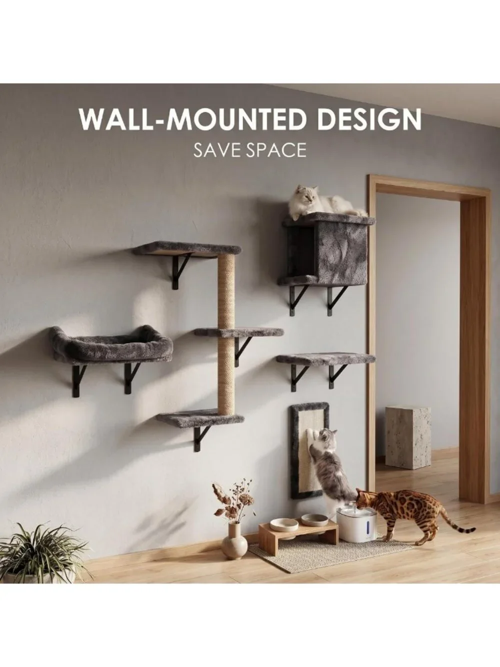 5-in-1 Cat Wall Shelves for Large Cats - Space-Saving Climbing Furniture